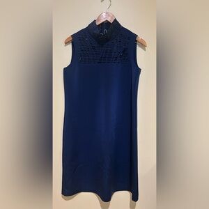 Lafayette 148 New York Navy Sleeveless Shift Dress Laser-Cut Neckline Size Small